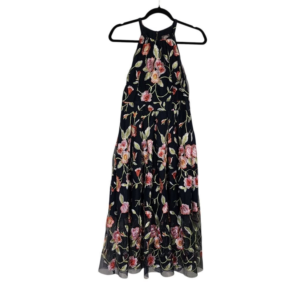 Vince Camuto Midi Dress 4 Navy  Blue Floral Embroidered Halter Neck Mesh Overlay